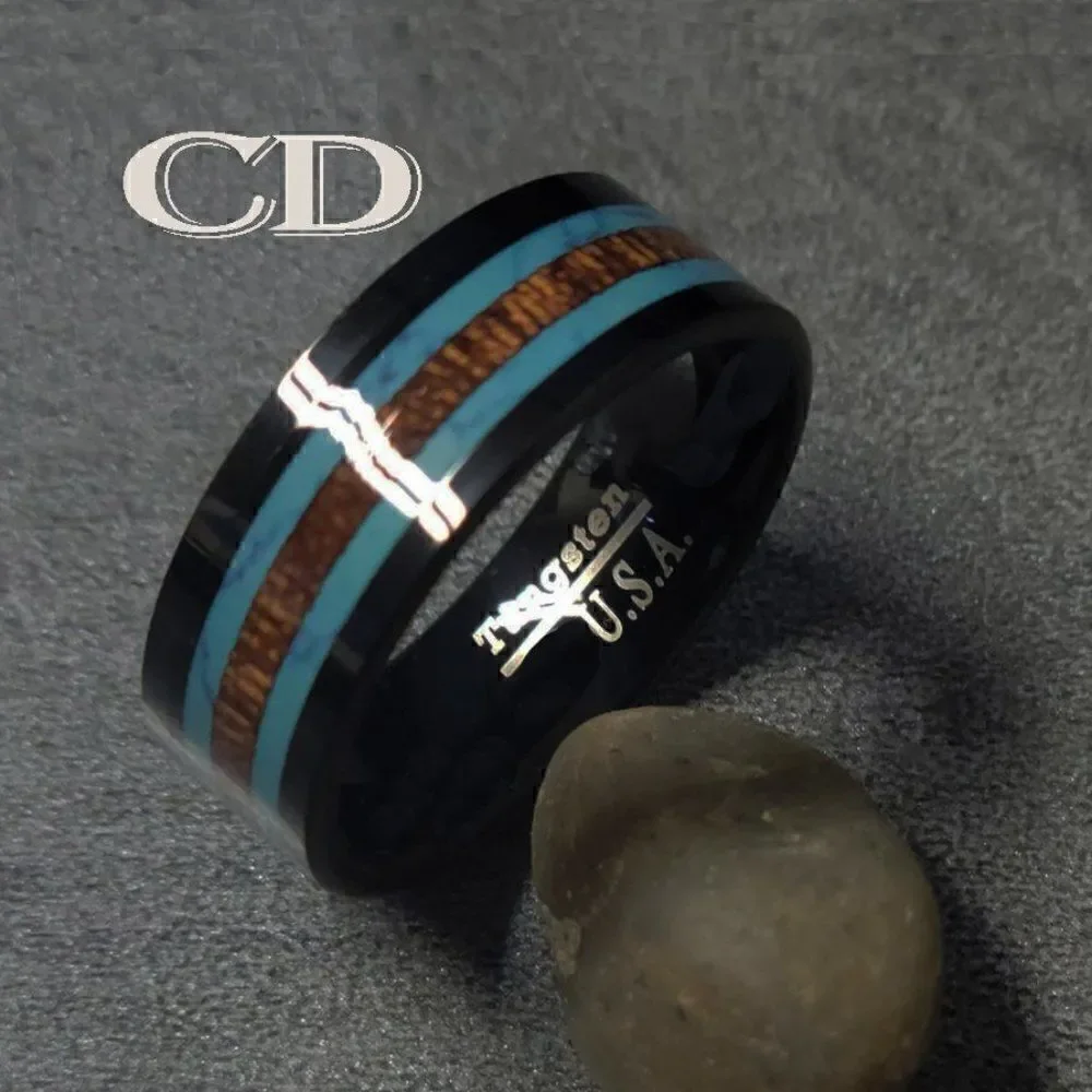 Men's Real Black Tungsten Wedding Ring Turquoise and Koa Wood Inalys
